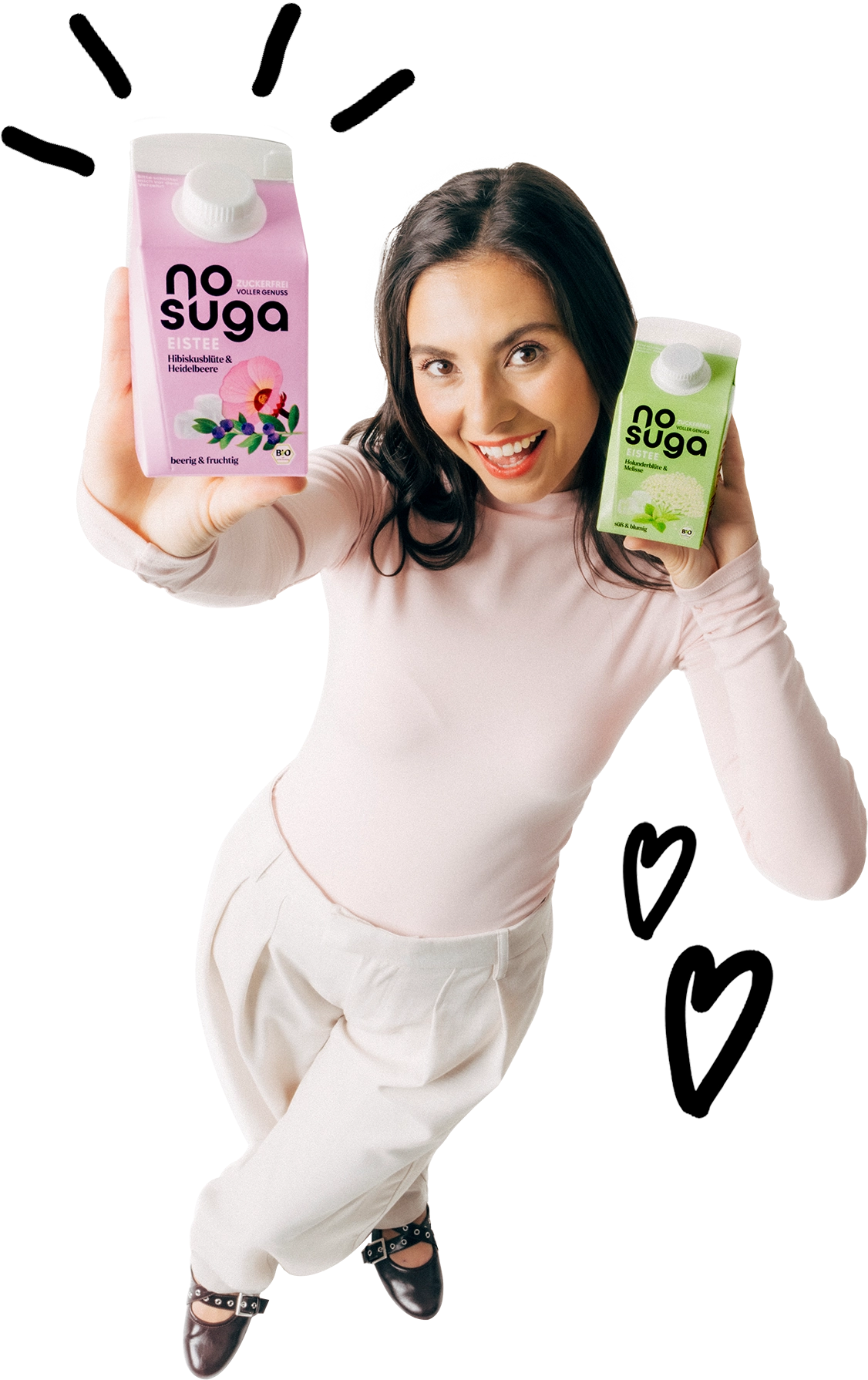 Frau mit langem schwarzen Haar, hält zwei NoSuga Eistees in die Kamera.